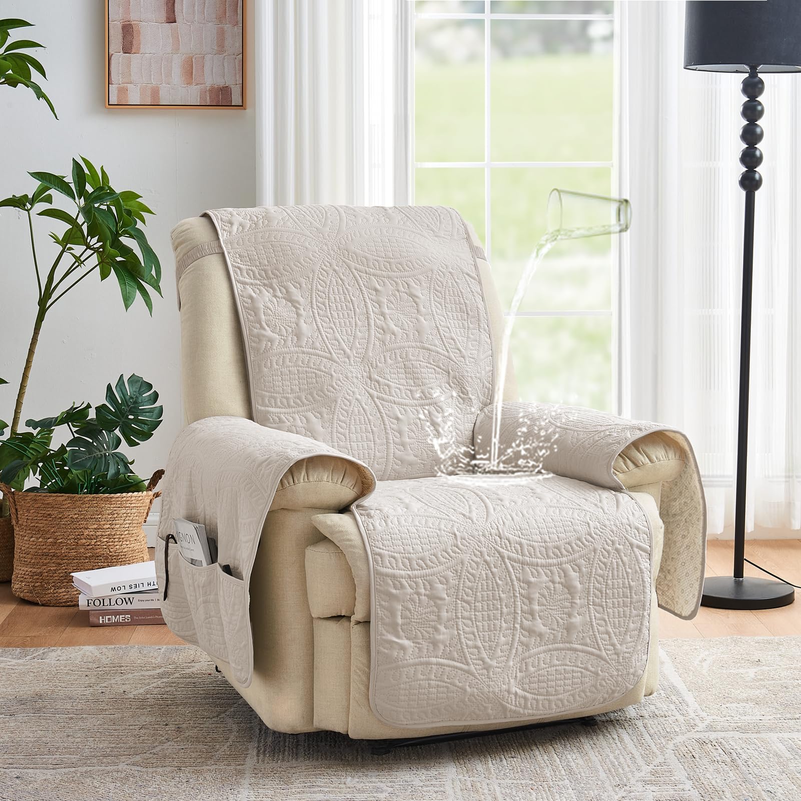Pamhaven recliner cover in water-repellent fabric guards against spills.
