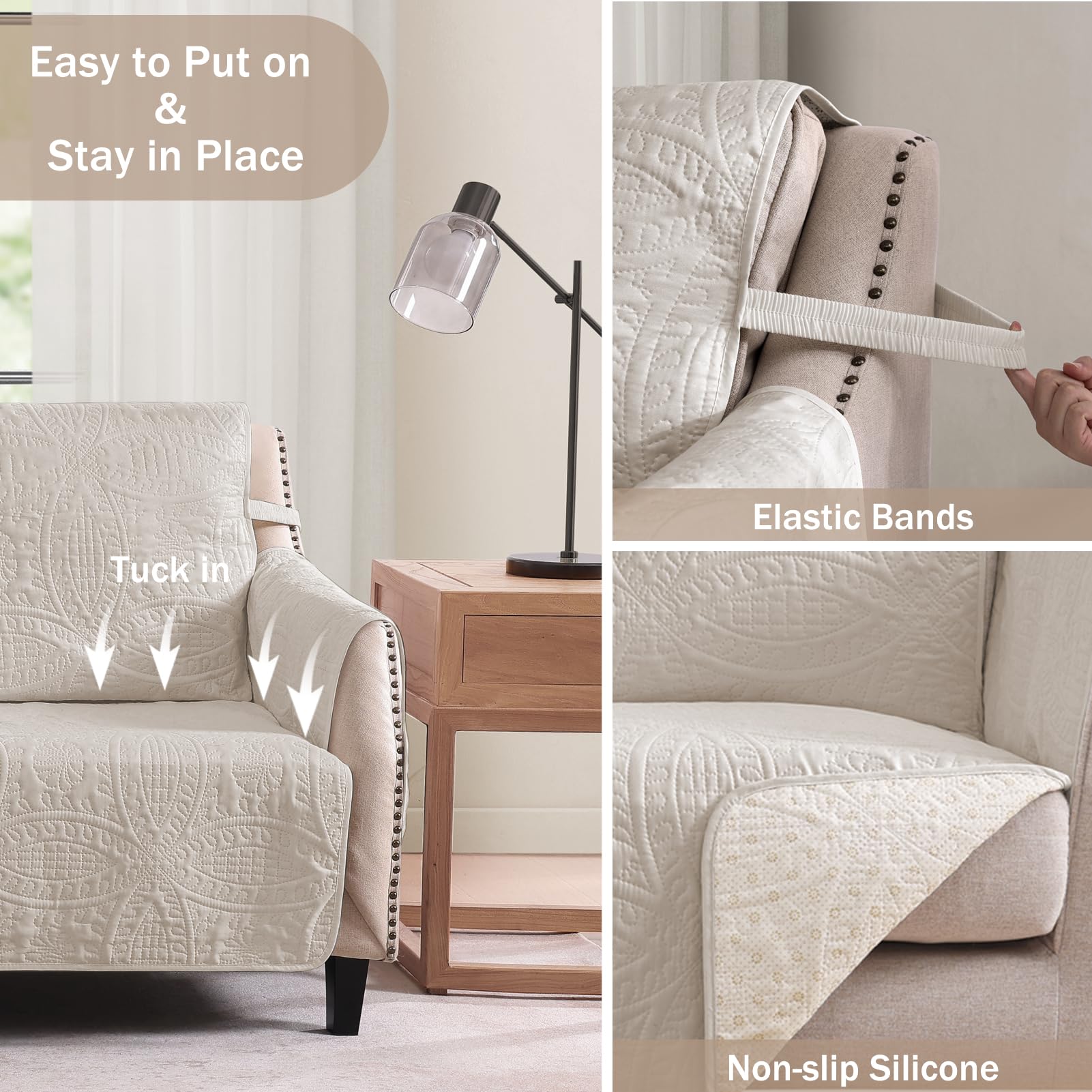 Pamhaven anti-slip recliner cover with elastic bands prevents slipping for secure fit.