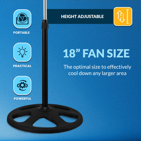 PAMI 18-inch standing fan delivering strong air flow across a workspace
