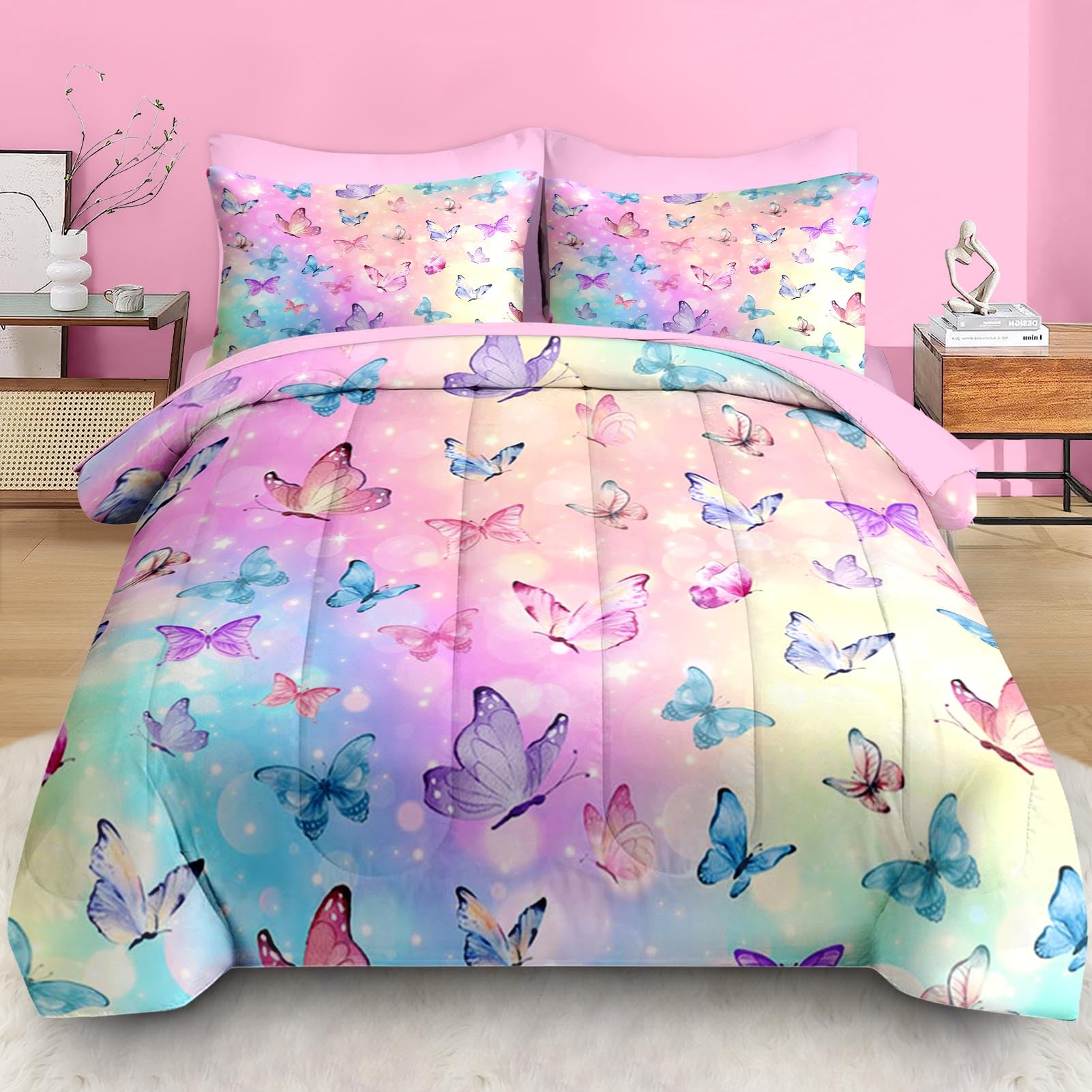 Pamnest butterfly pattern on comforter adds playful charm to kid rooms.