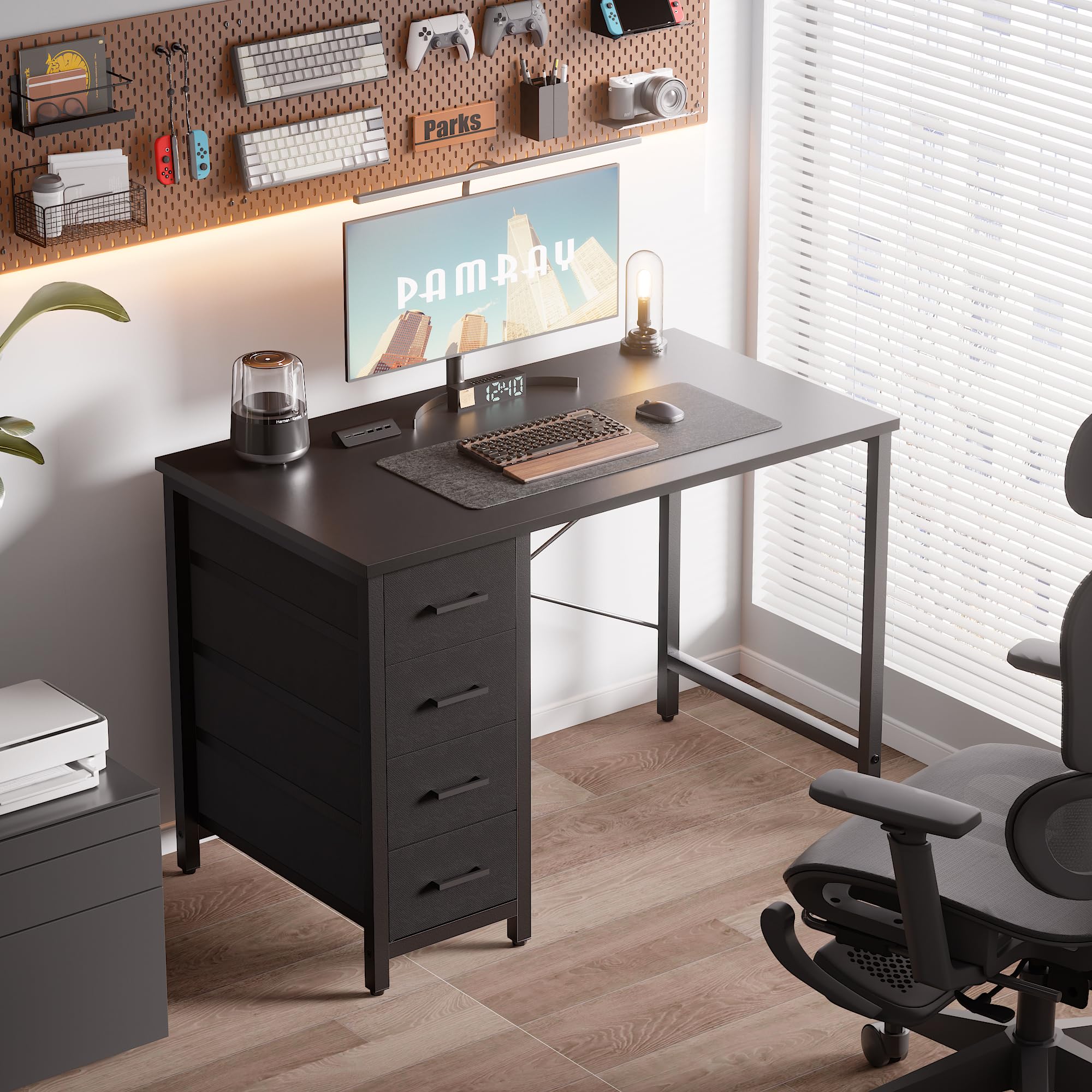 Pamray desk with four drawers open revealing organized storage.