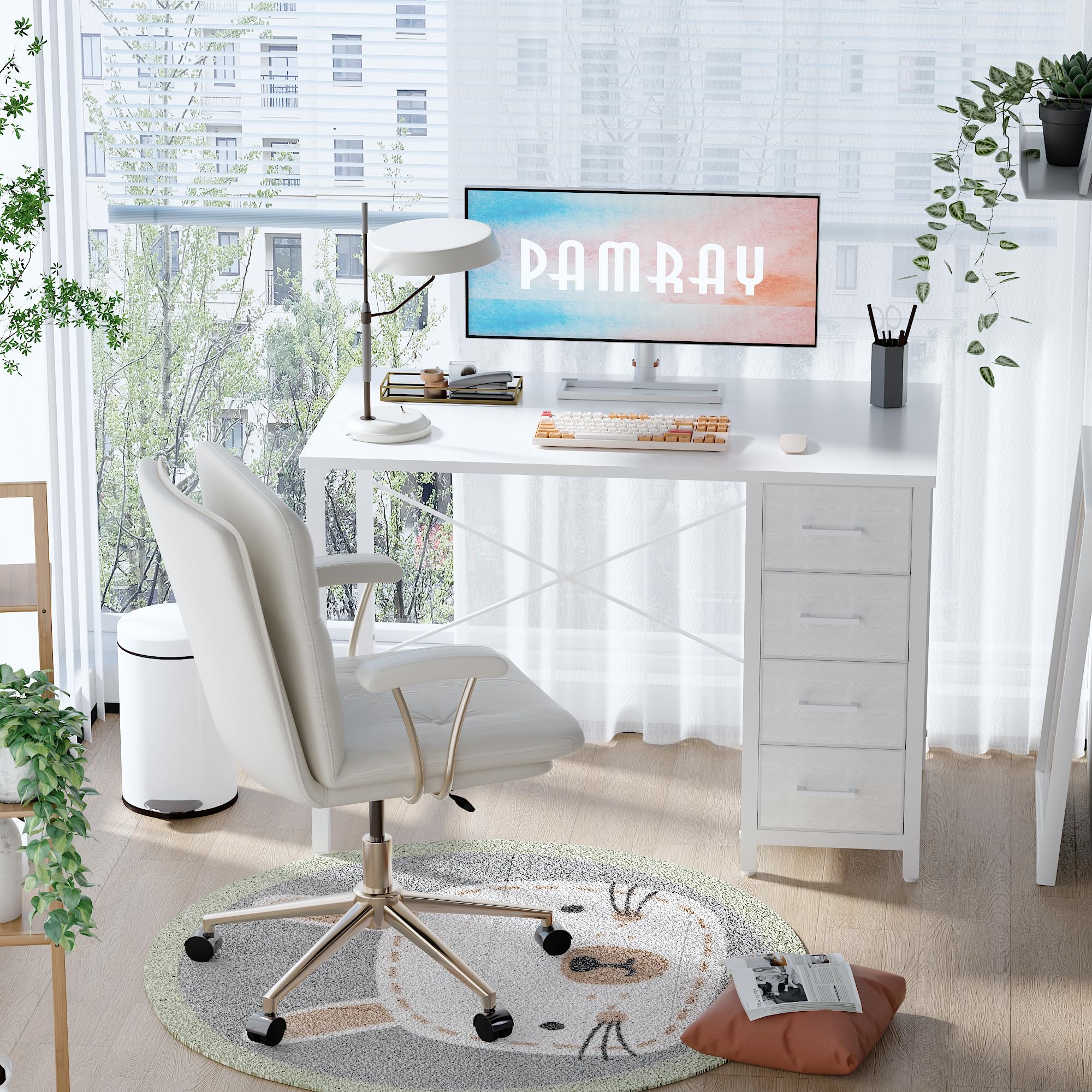 Pamray 32-inch desk with sturdy X-brace offers stable typing and studying.