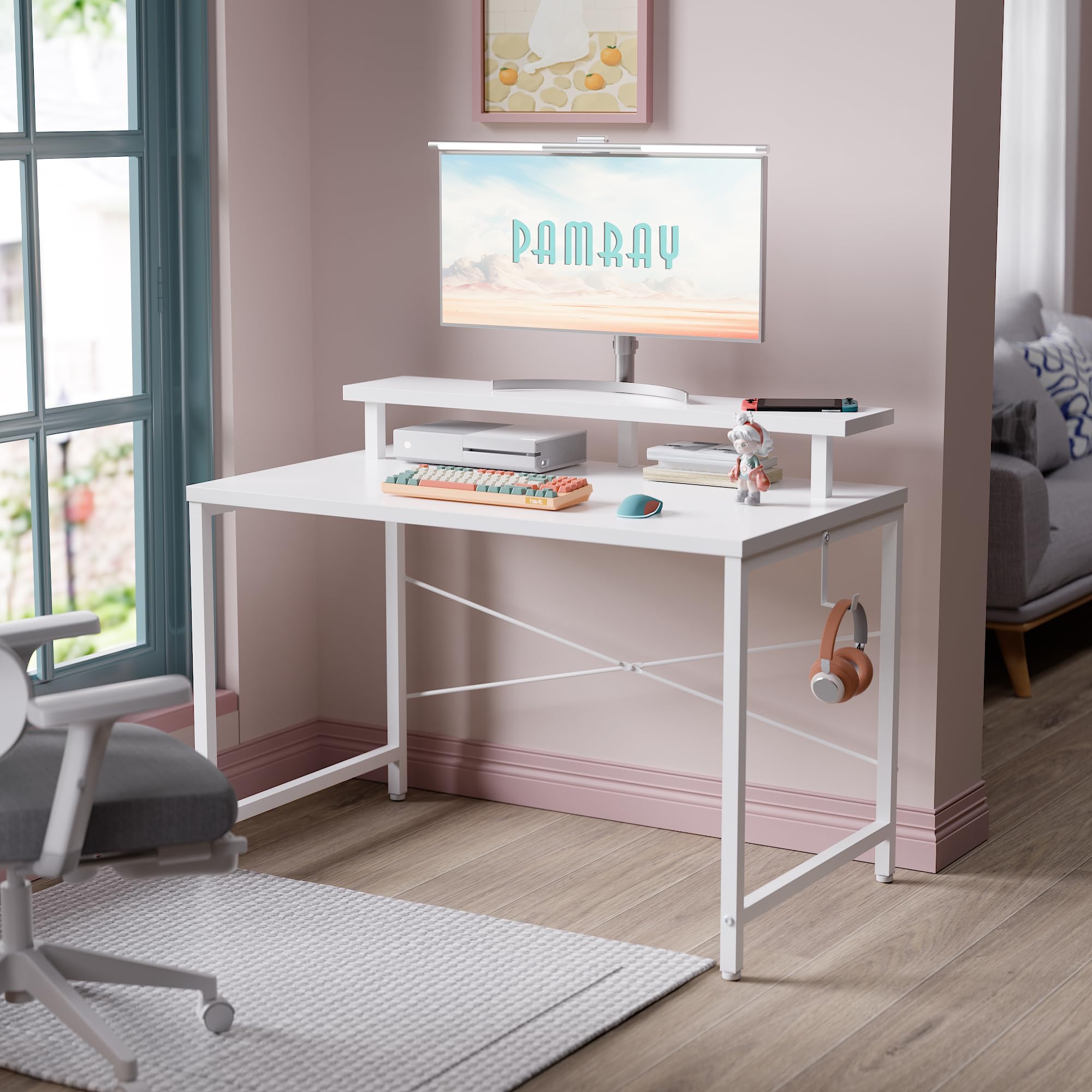 Pamray desk with headphone hook keeps cables organized