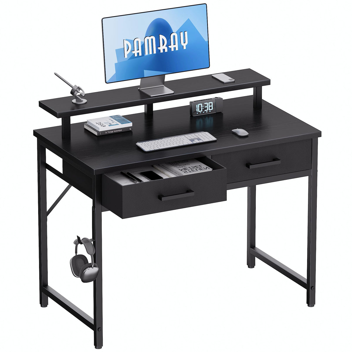 Pamray 32-inch desk with monitor stand elevates screen for comfortable viewing.