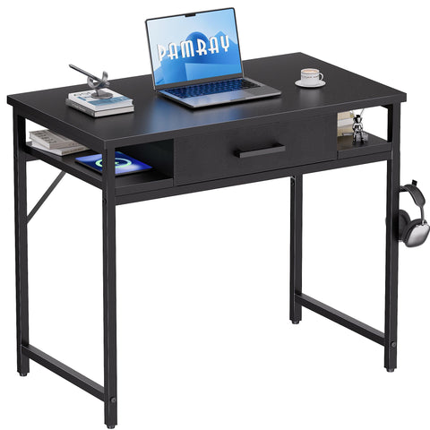Pamray 32-inch desk with drawer and shelves viewed from front for compact spaces.