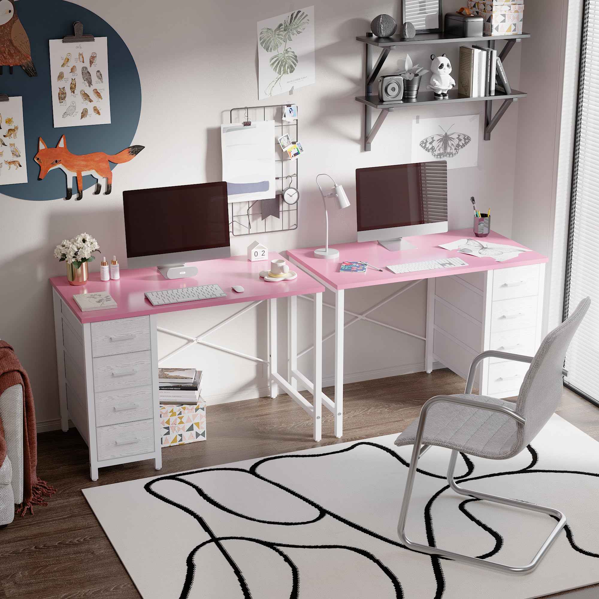 Pamray 32 inch pink desk in a bedroom setup for study and writing.