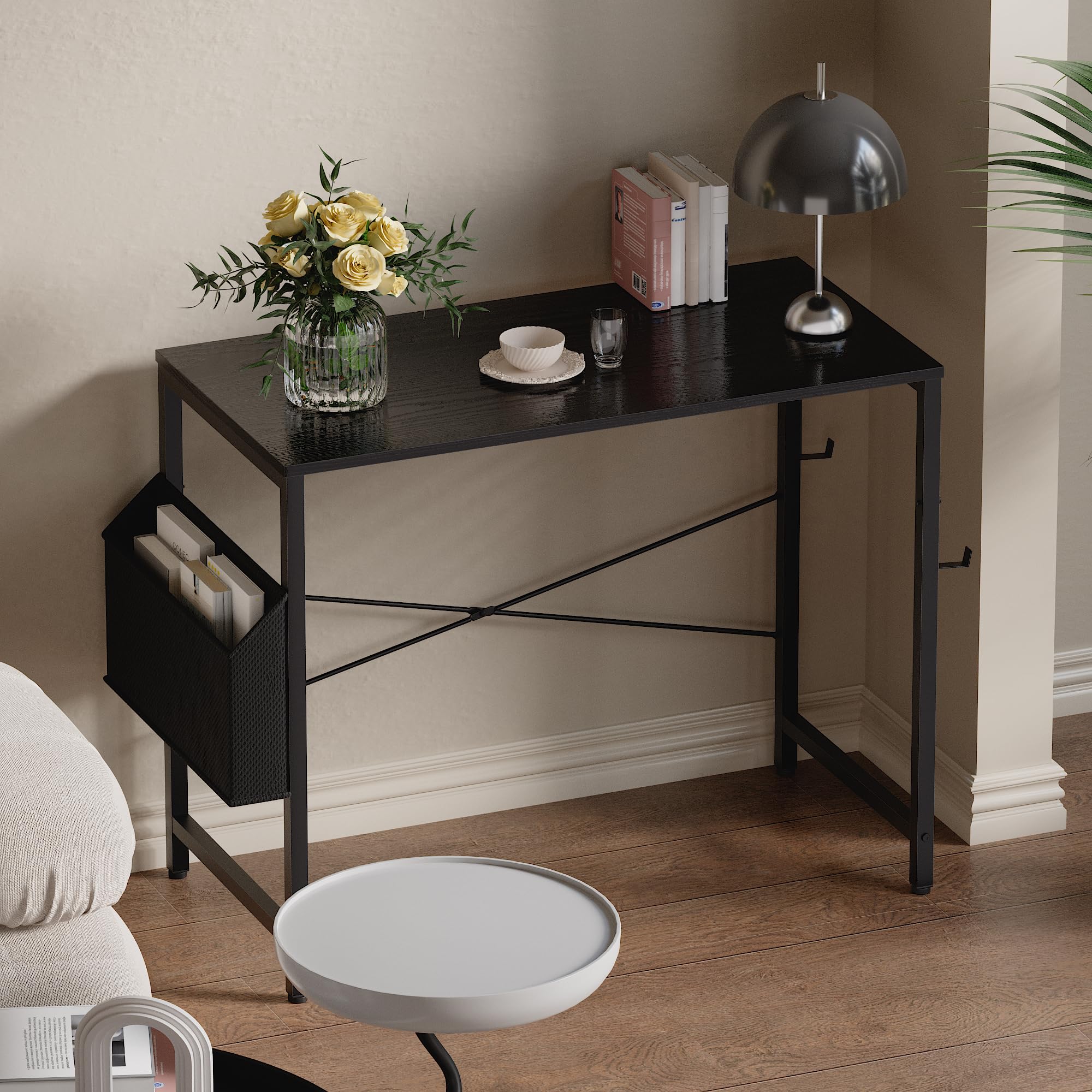 Pamray desk with headphone hook keeps headphones within reach