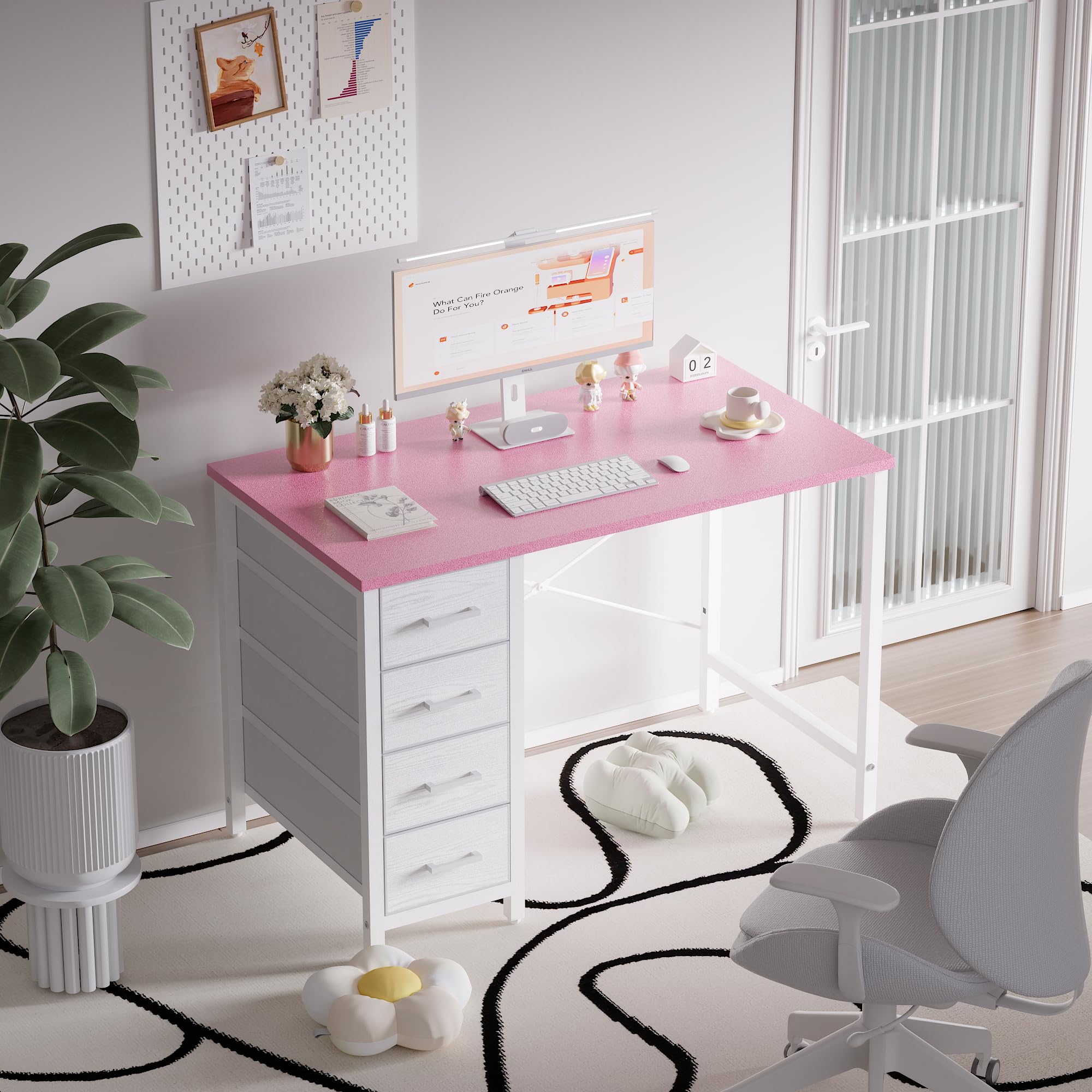 Pamray desk with four fabric drawers for organized storage in small spaces.