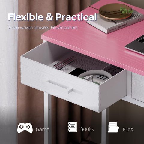 Bedroom setting shows compact desk that fits small rooms.