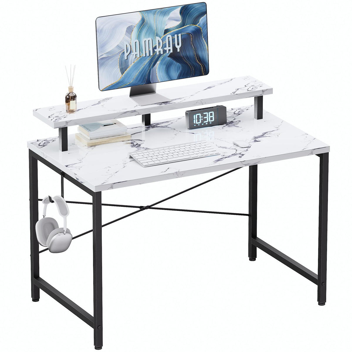 Pamray 32 inch desk with monitor stand for ergonomic viewing in small spaces.