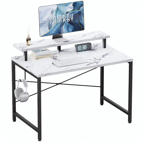 Pamray 32 inch desk with monitor stand for ergonomic viewing in small spaces.