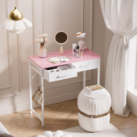 Pamray pink desk with fabric drawers for organized workspace.