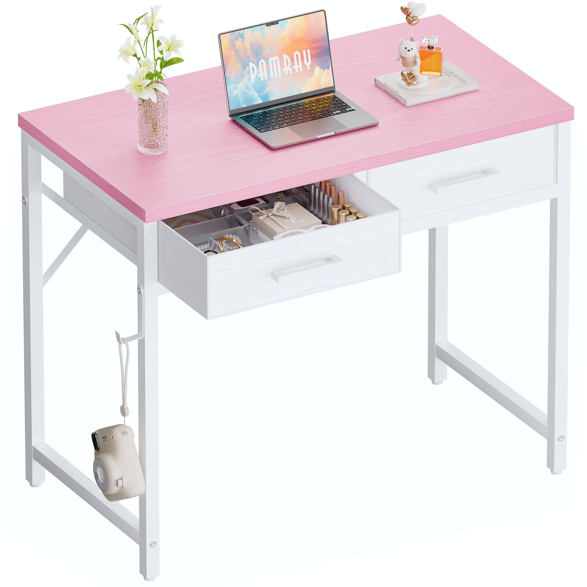 Pamray 32 inch pink desk, front view, ideal for tight spaces.