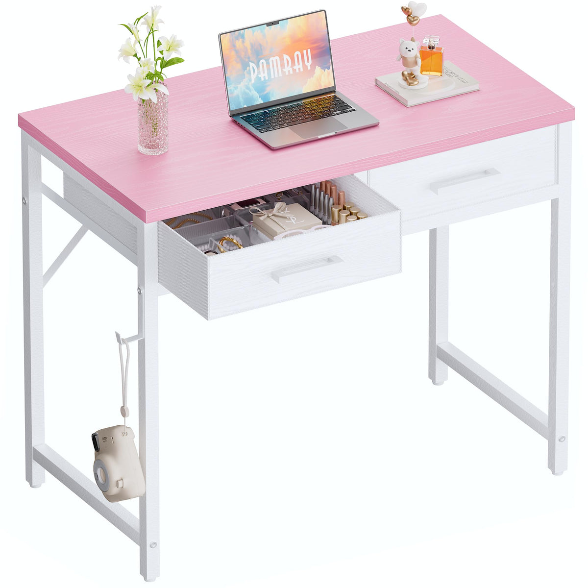 Pamray 32 inch pink desk, front view, ideal for tight spaces.