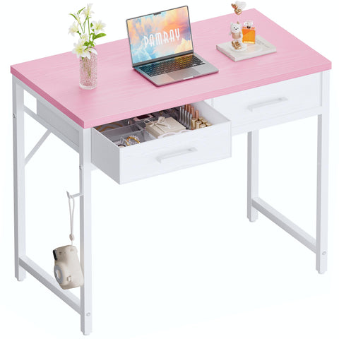 Pamray 32 inch pink desk, front view, ideal for tight spaces.