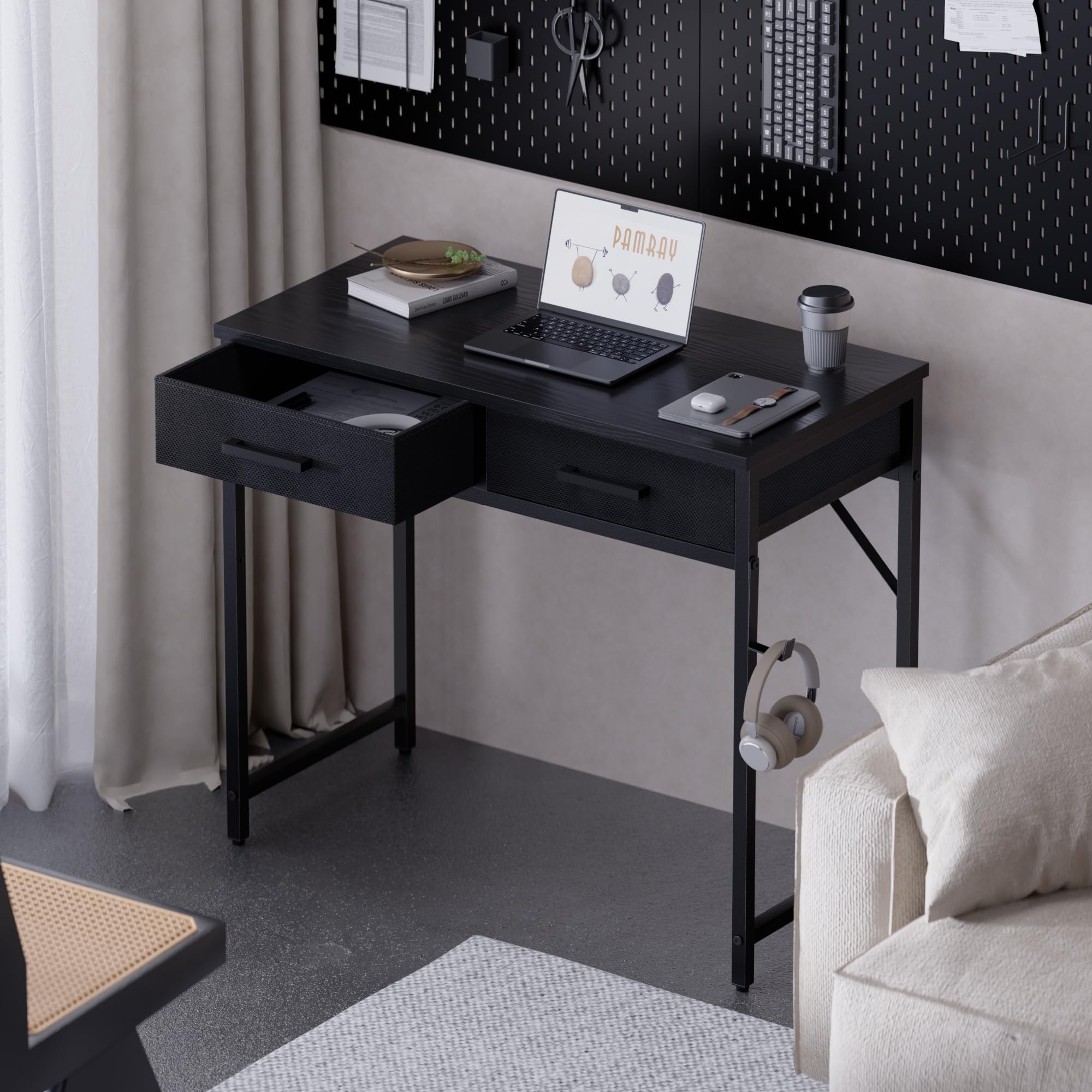 Pamray desk side view displaying slim profile suitable for bedrooms.