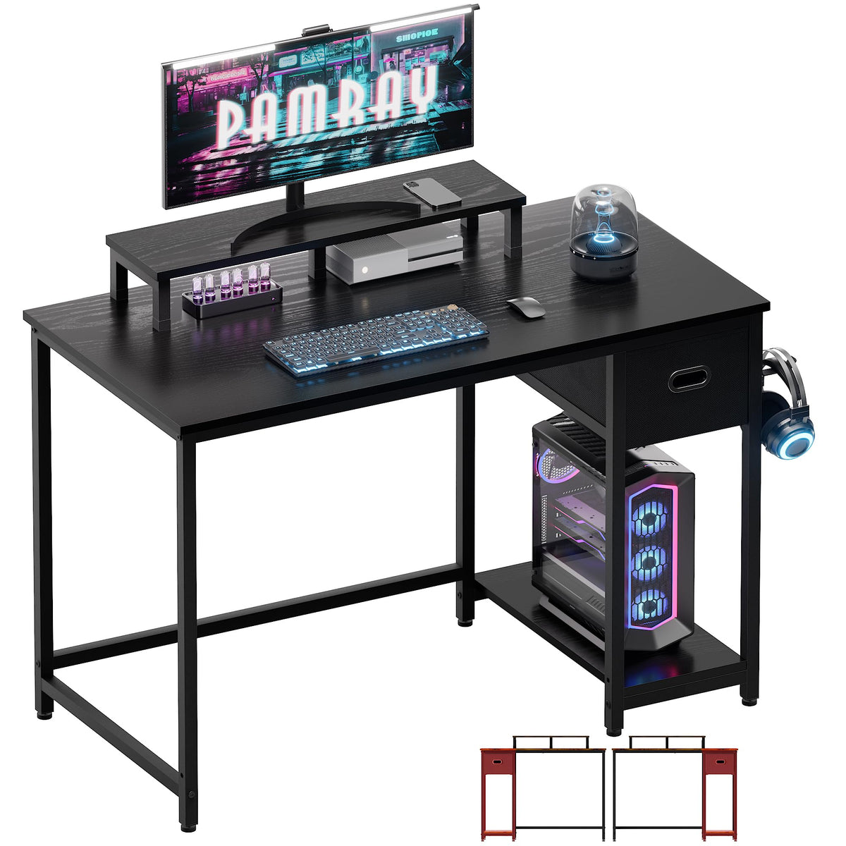 Pamray 39-inch desk monitor stand demonstrates ergonomic height adjustment for comfortable viewing.
