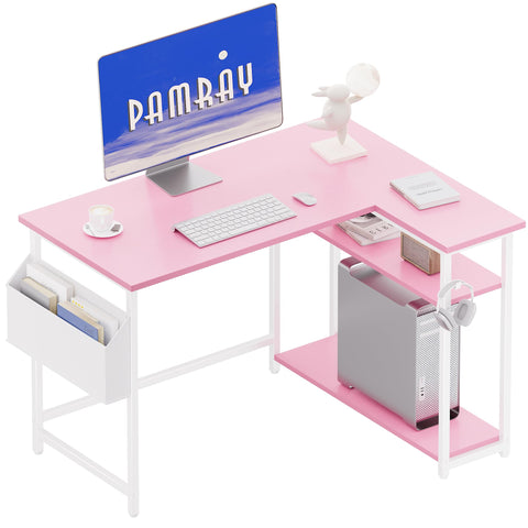 Pamray 40-inch L-shaped desk with left side shelves enhances corner workspace and organization.