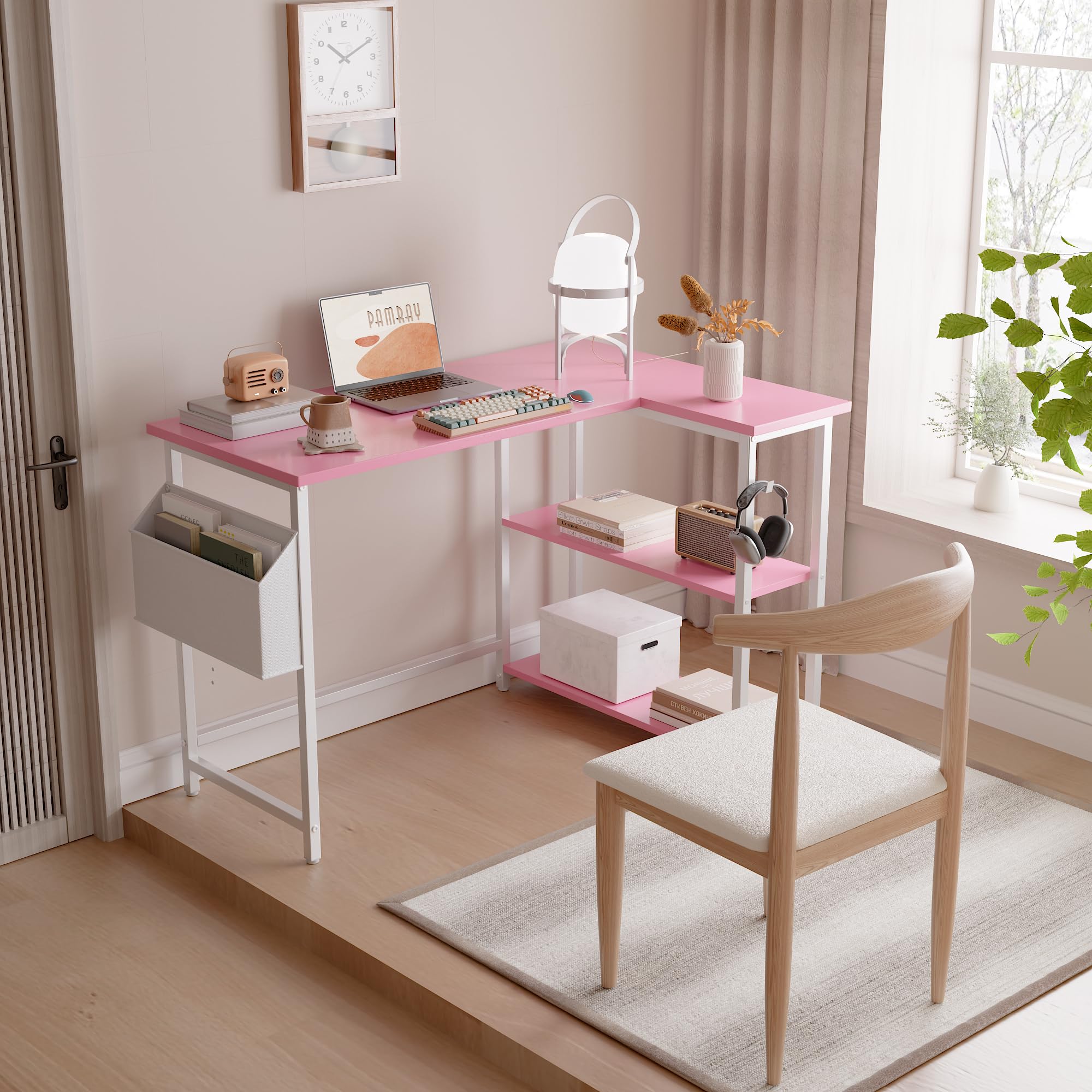 Pamray 40-inch L-shaped desk with right side shelves adapts to room layout.