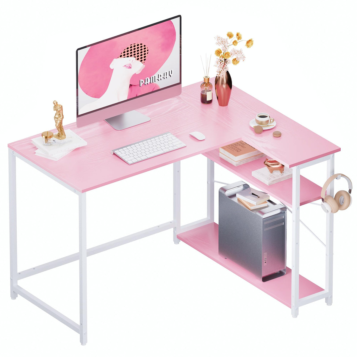 Pamray 43-inch L-shaped desk with pink legs, front view, ample space for printers and monitors