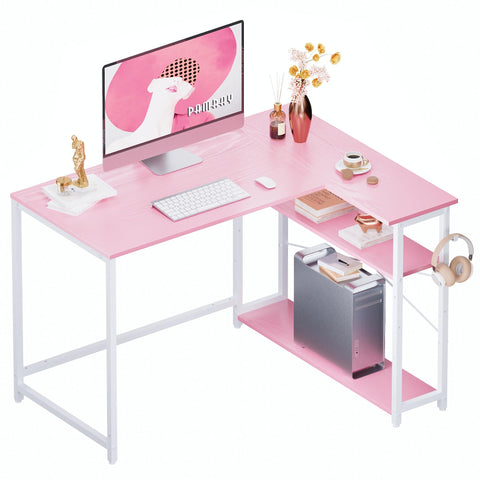 Pamray 43-inch L-shaped desk with pink legs, front view, ample space for printers and monitors