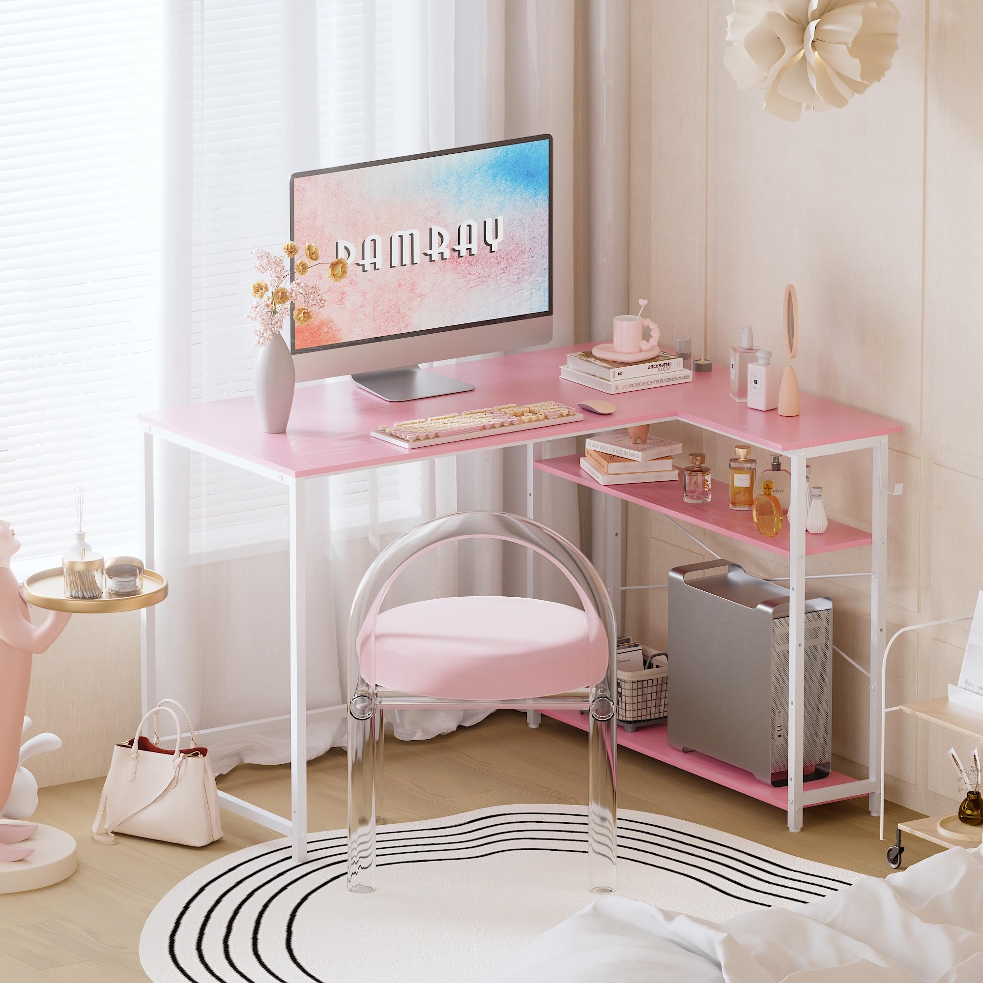 Pamray desk with reversible shelves, left or right configuration for flexible corner placement