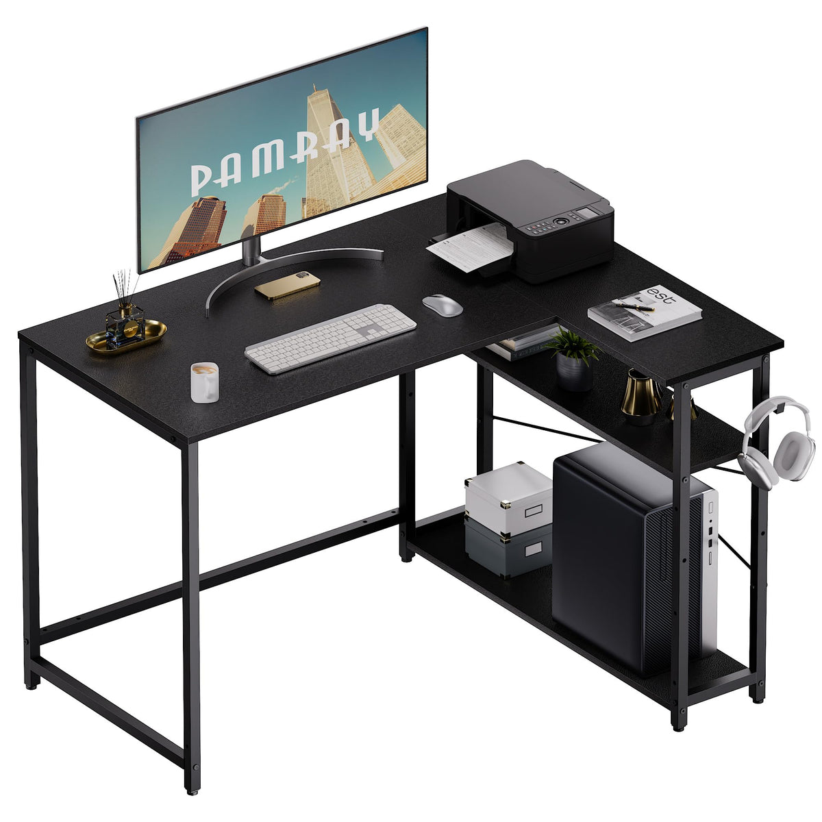 Pamray 43inch L-shaped desk with ample desktop space for printer and monitor setup.