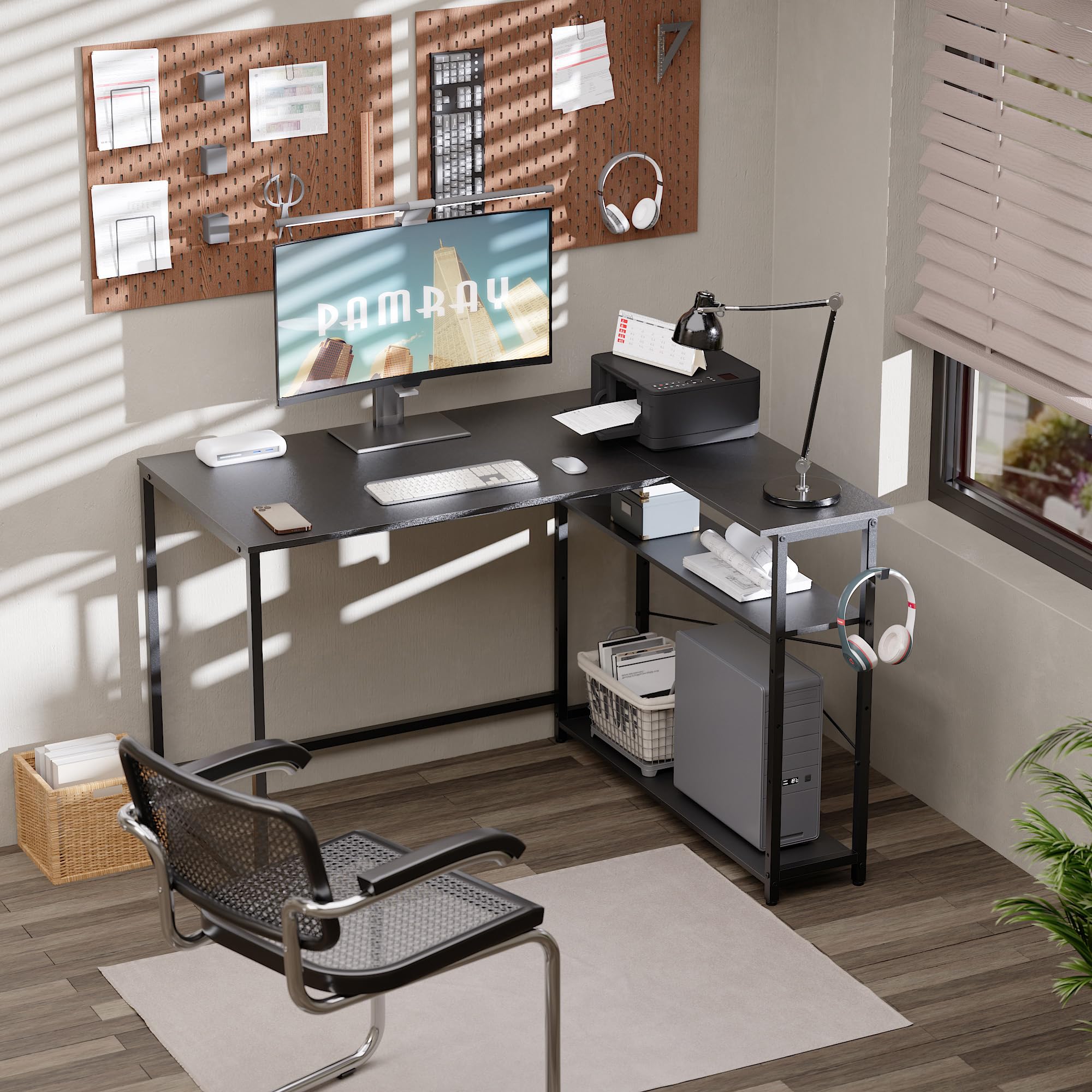 Pamray desk with reversible shelves on the left enhances corner placement.