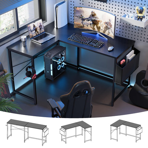 Pamray 47-inch reversible L-shaped desk corner, ideal for a dual-monitor setup and organized workspace.