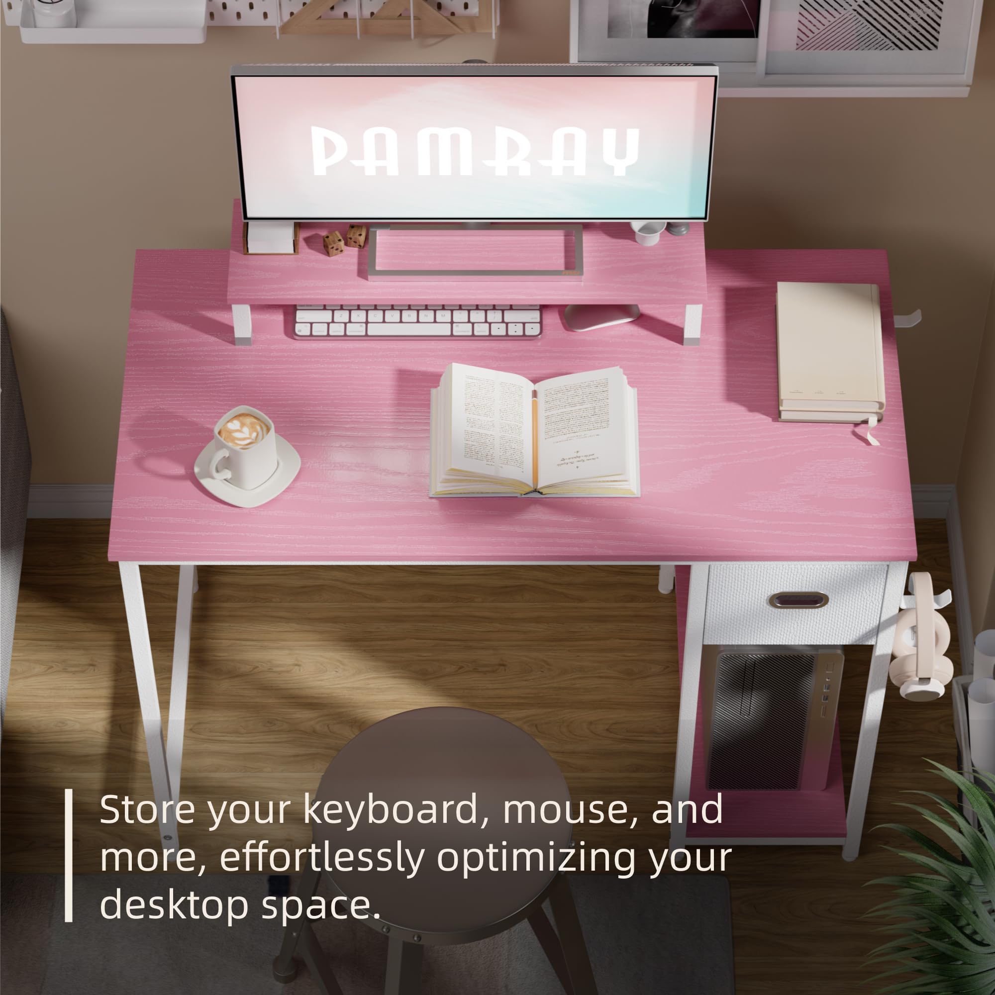 Pamray desk with computer case stand positions PC for better airflow.