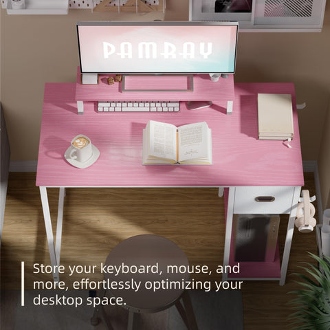 Pamray desk with computer case stand positions PC for better airflow.