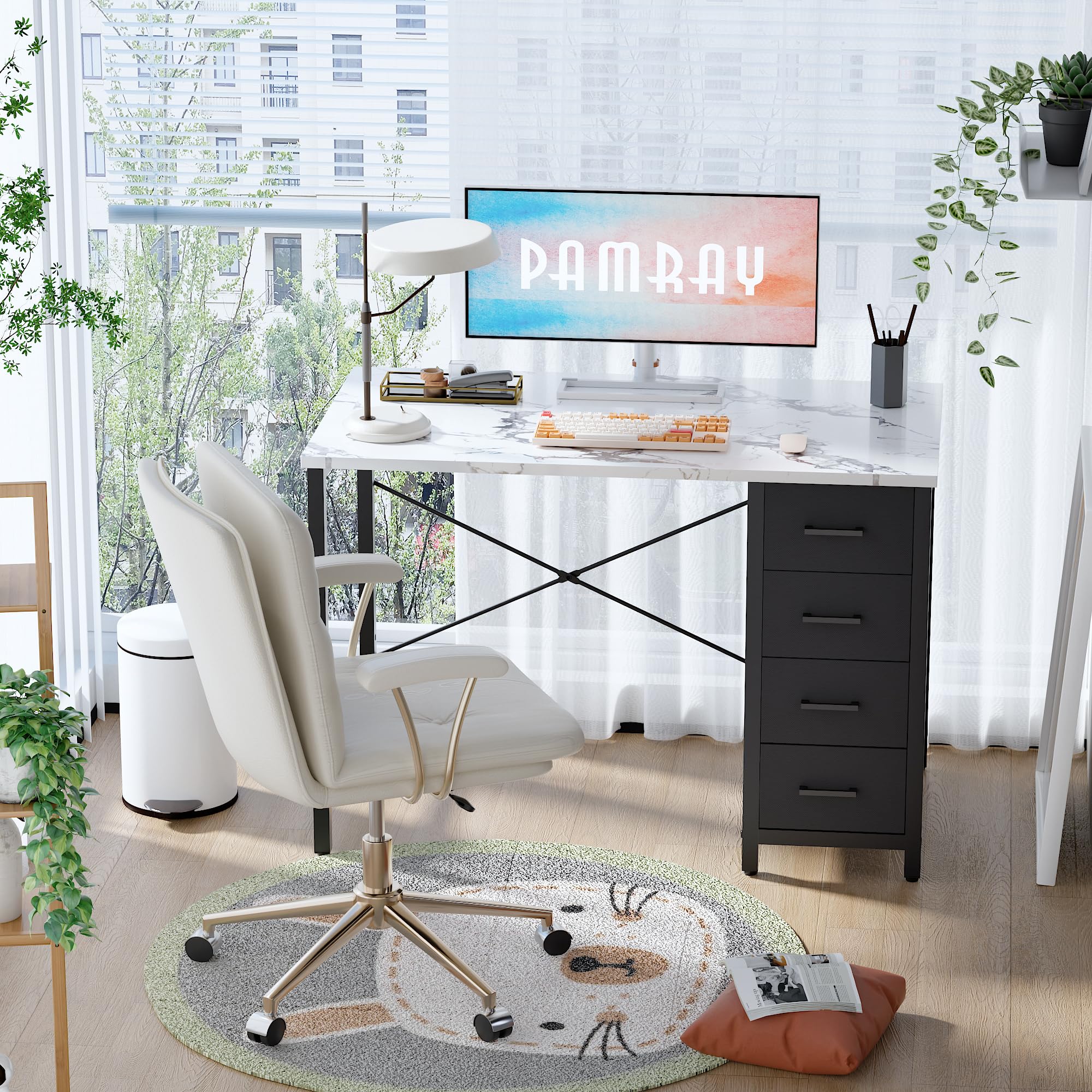 Pamray desk with four fabric drawers keeps office essentials organized.
