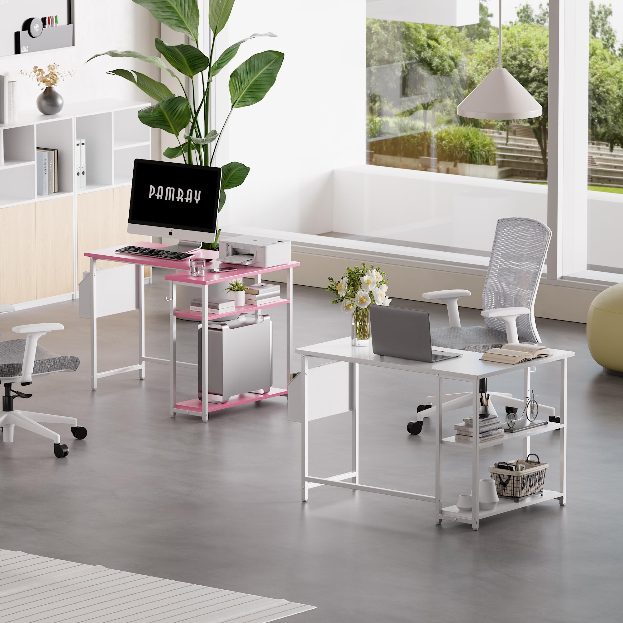 Pamray desk open shelves offer adjustable height for books and gear.