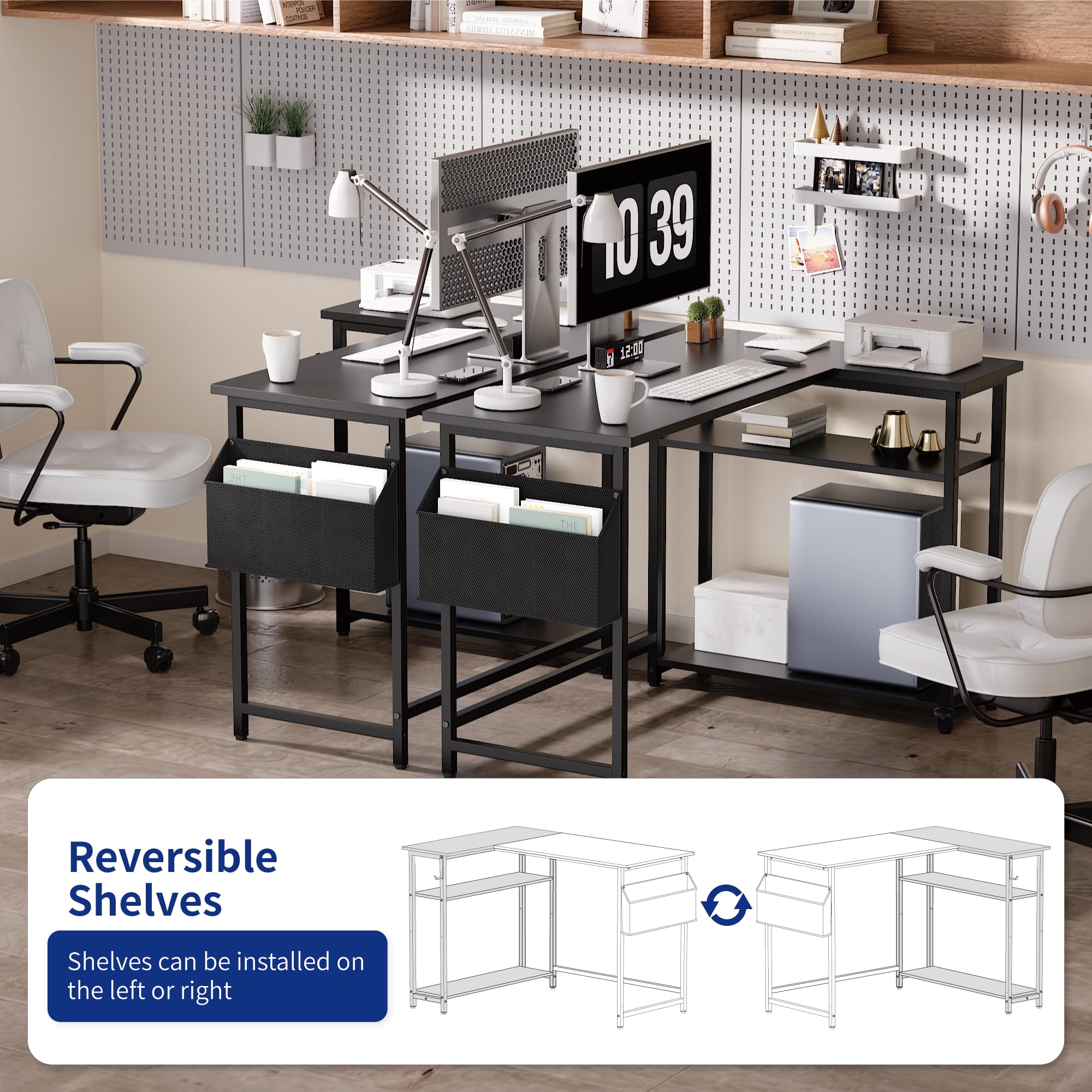 Pamray desk with reversible shelves supports flexible workstation setups.