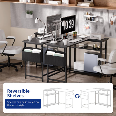 Pamray desk with reversible shelves supports flexible workstation setups.