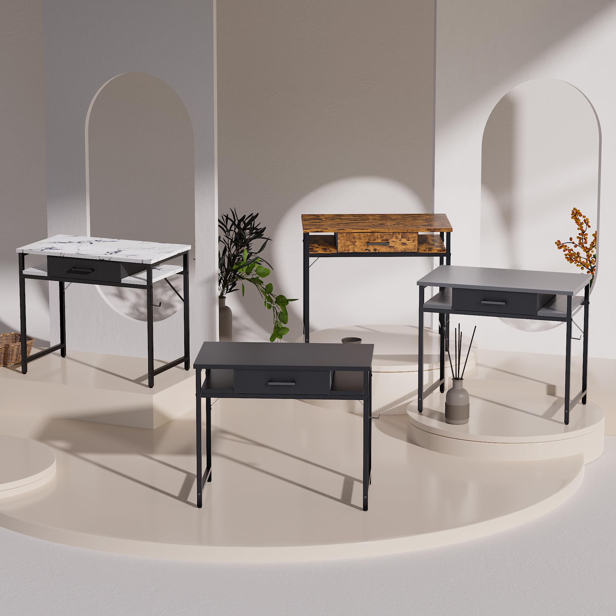 Pamray desk side shelves with décor for books and devices.