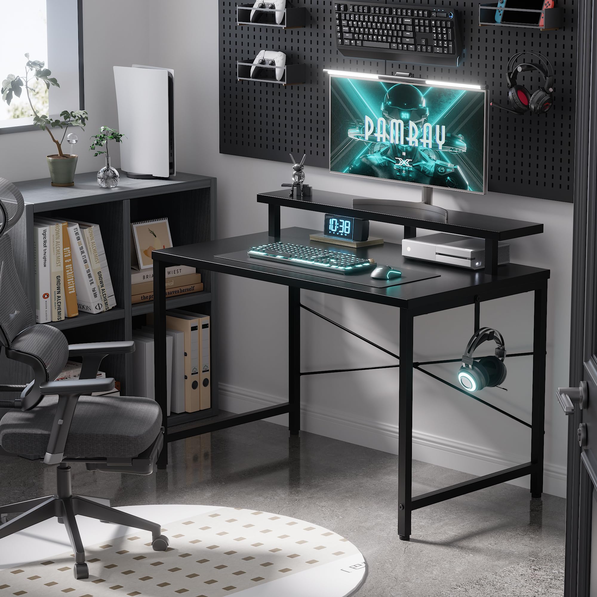 Pamray desk with monitor stand and side hook keeps essentials organized.