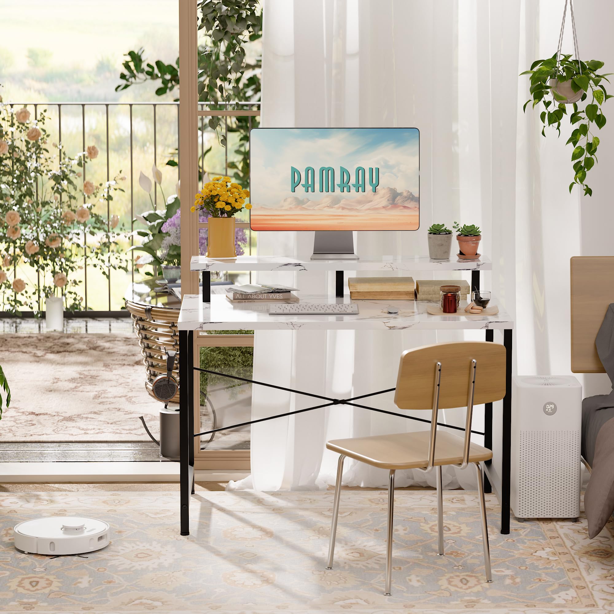 Pamray marble desk with a side hook for accessories and headphones.