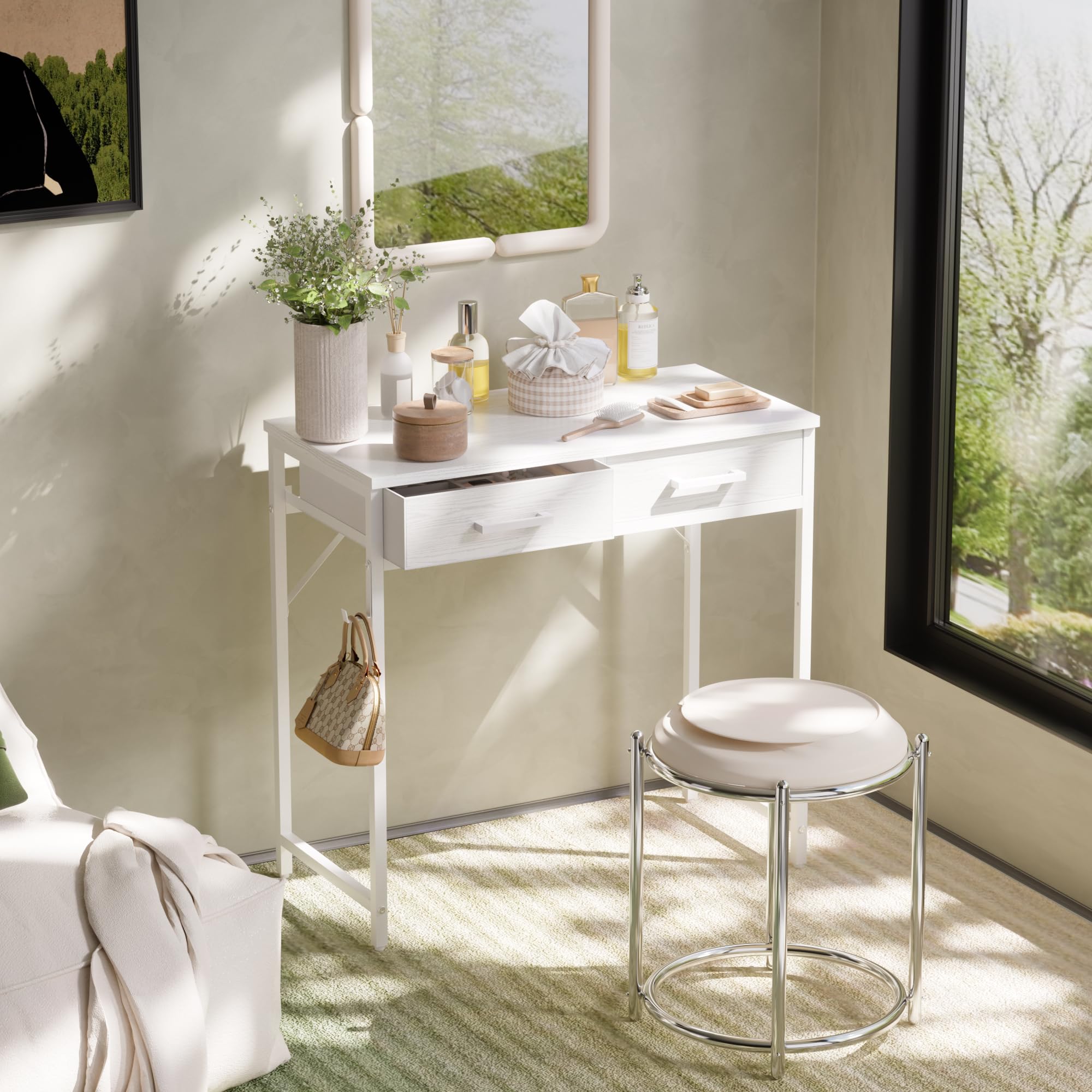 Pamray desk with two fabric drawers for tidy daily essentials.