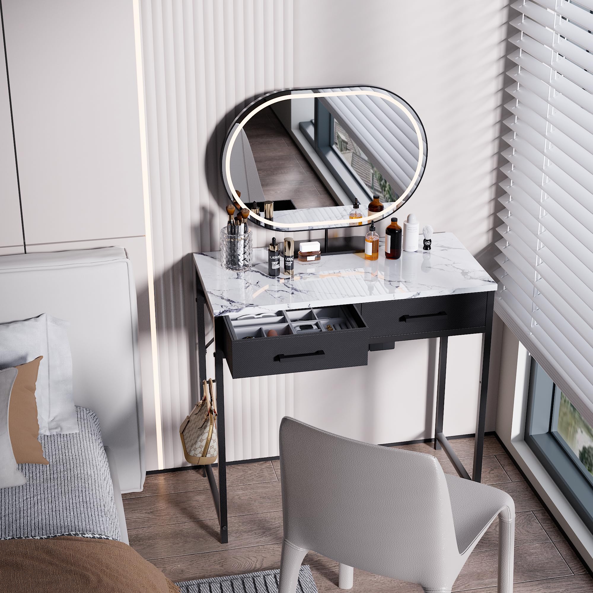 Pamray small desk with two fabric drawers keeping essentials organized
