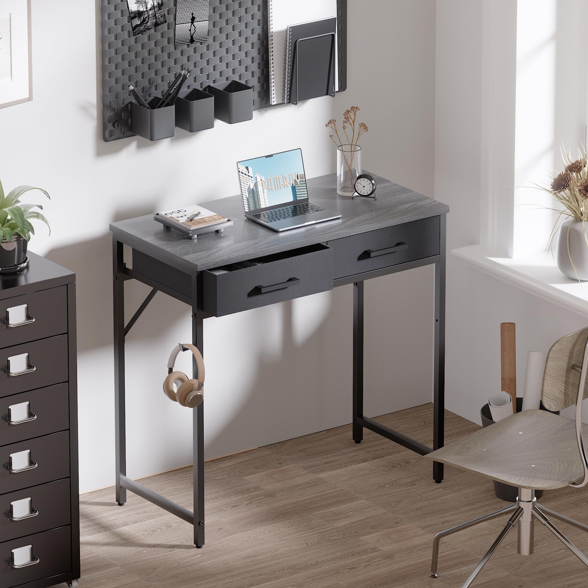 Pamray desk with two fabric drawers for organized workspaces.
