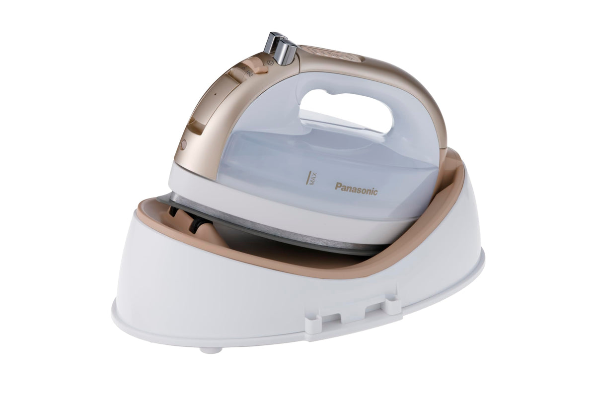 Panasonic 360 Freestyle cordless iron sits on ceramic charging base for quick touch-ups.