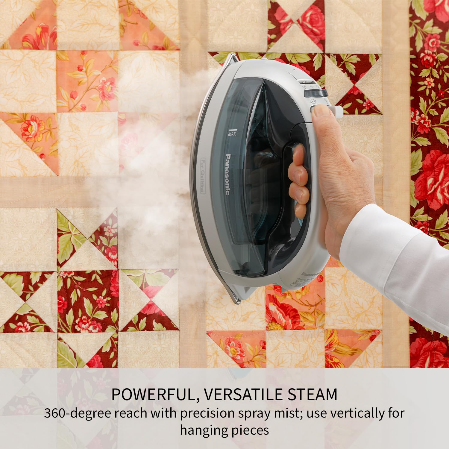 Panasonic NI-QL1100L vertical-steaming handles hanging garments with ease.