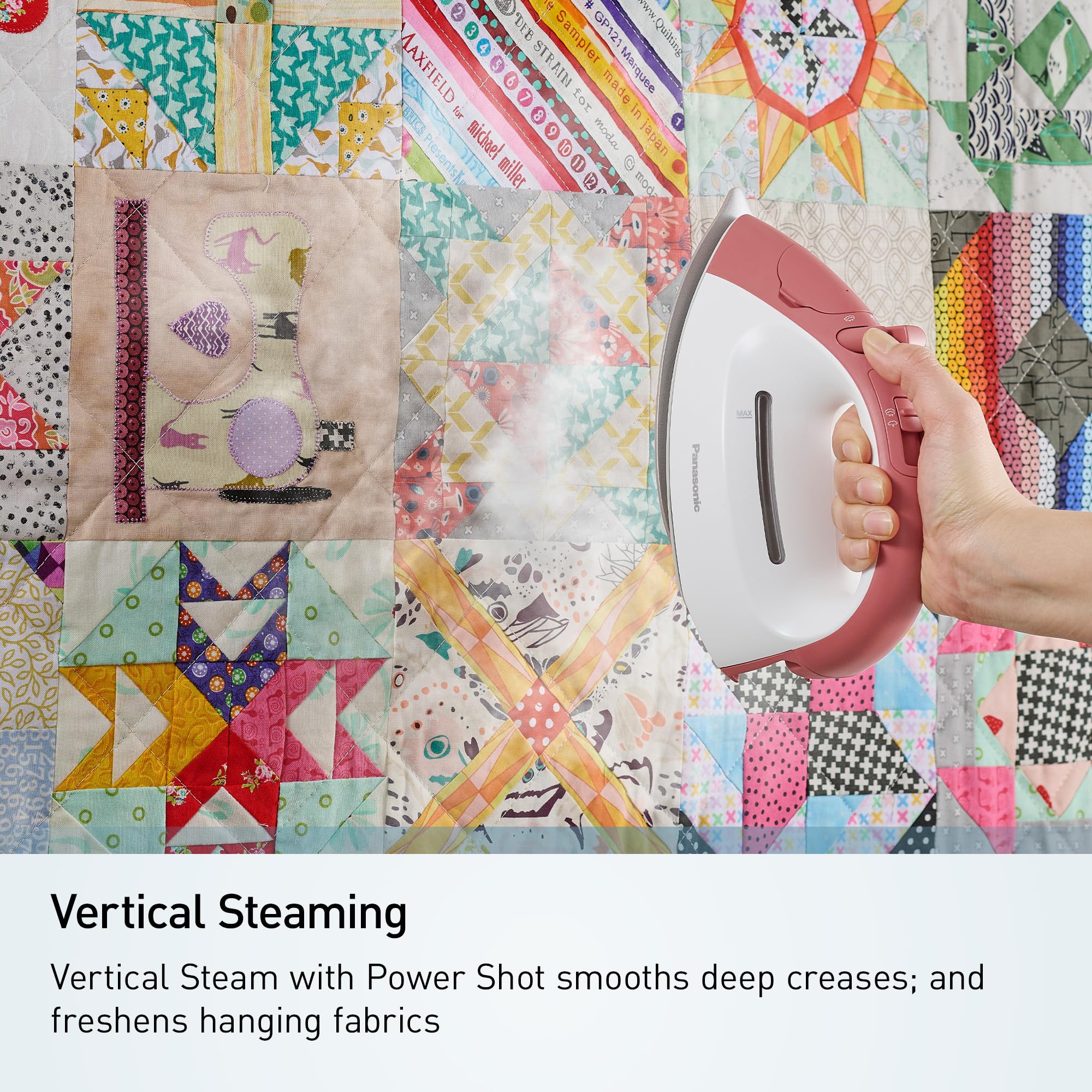 Panasonic NI-QL300G vertical steam feature smooths hanging garments without drips.