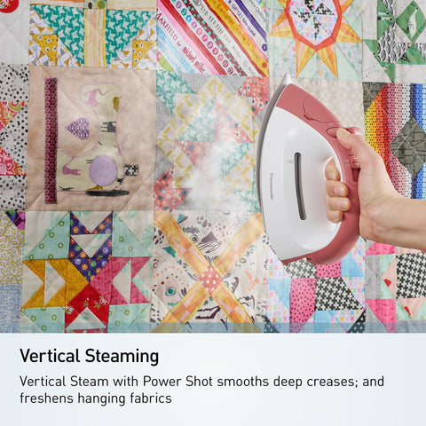 Panasonic NI-QL300G vertical steam feature smooths hanging garments without drips.