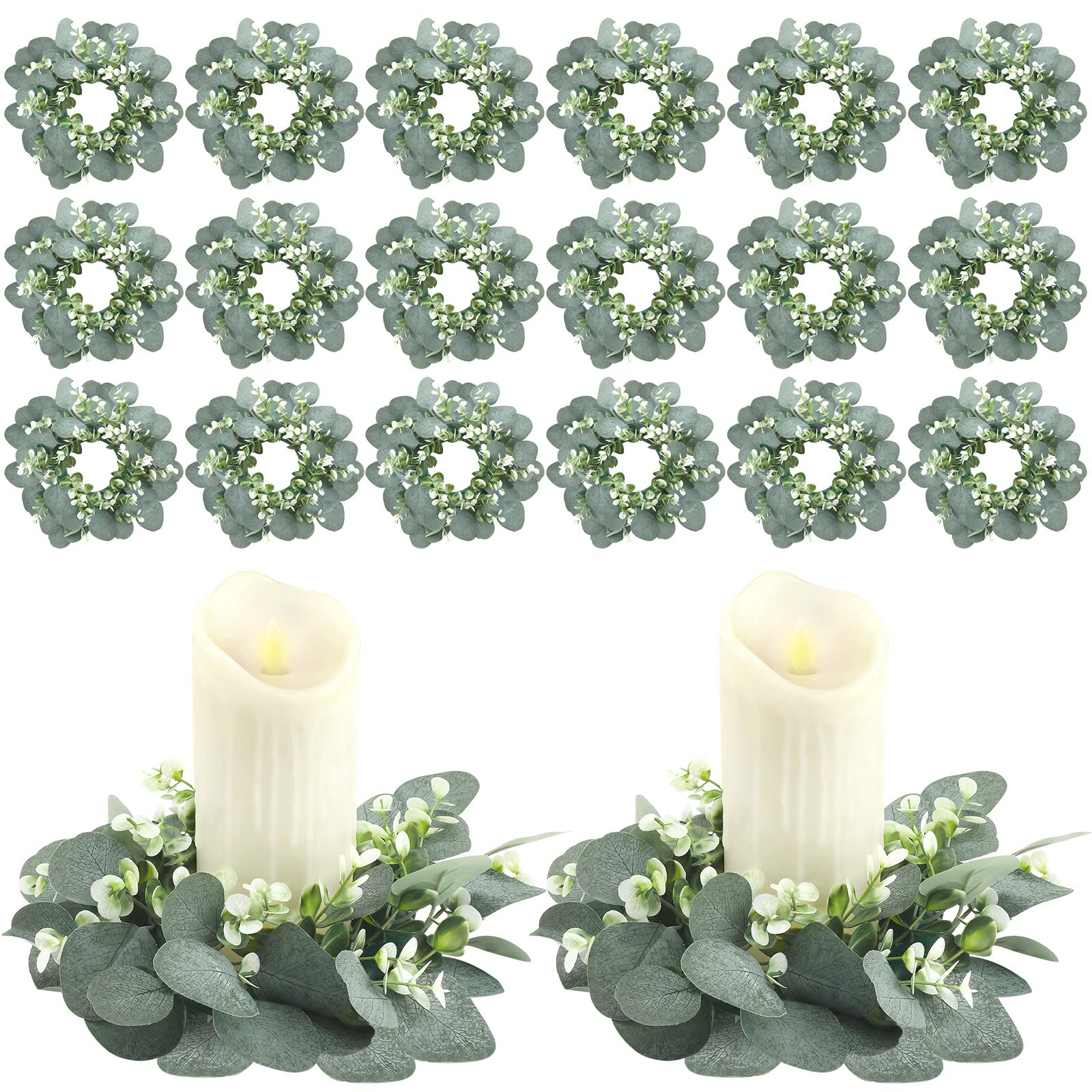 Panelee eucalyptus candle ring close-up, realistic leaves for chic wedding decor