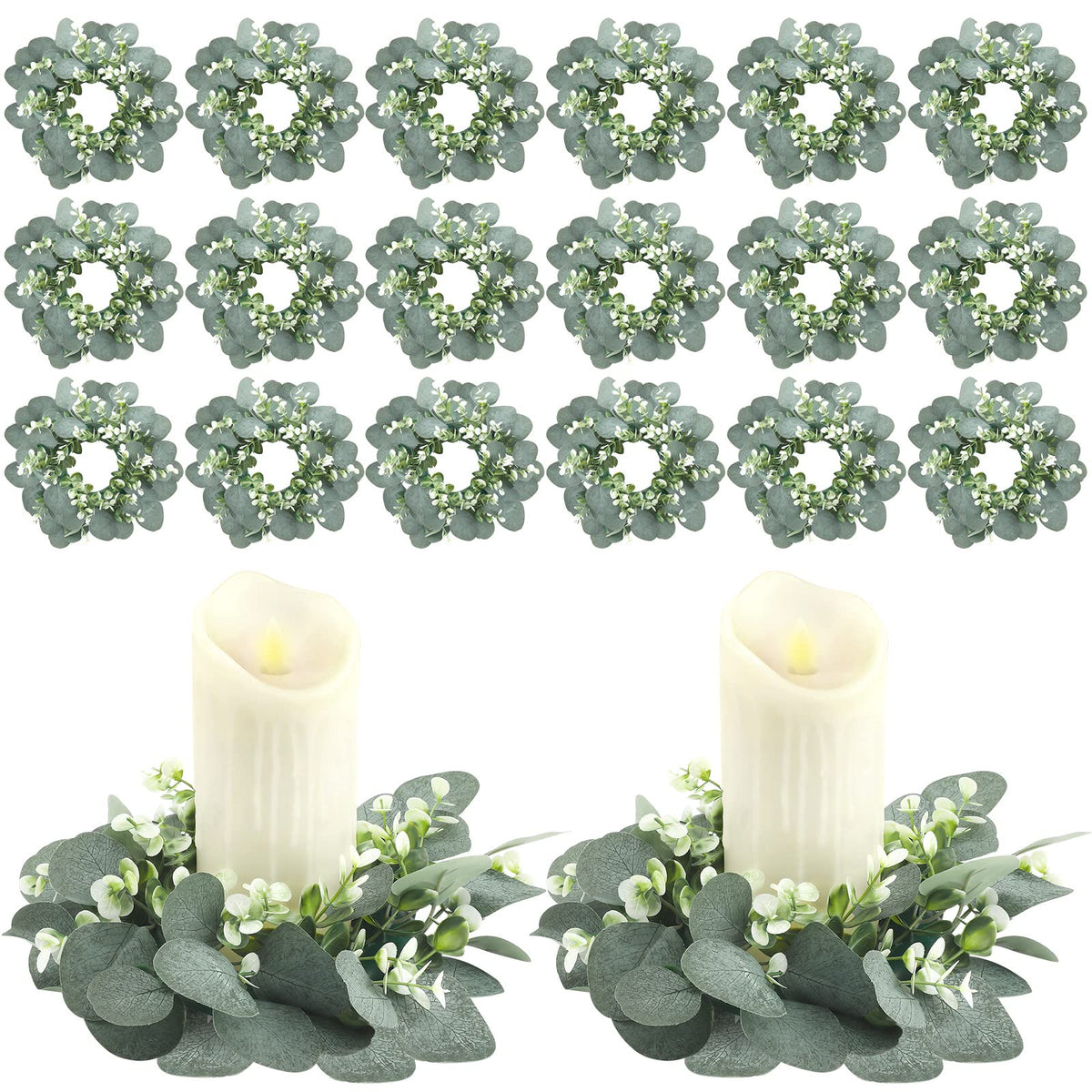 Panelee eucalyptus candle ring close-up, realistic leaves for chic wedding decor