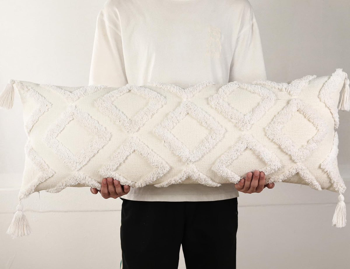 PANOD decorative long lumbar pillow cover in white chenille adds cozy texture to a sofa