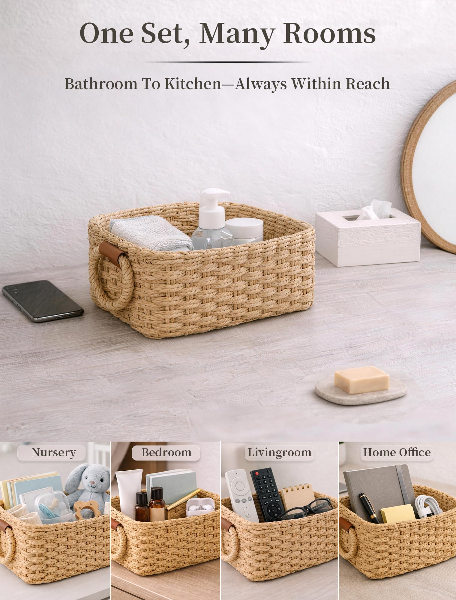 Panovox bathroom and bedroom organization baskets — versatile storage for toiletries, skincare, and essentials.