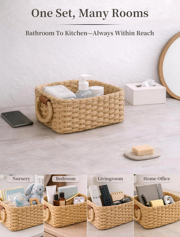 Panovox bathroom and bedroom organization baskets — versatile storage for toiletries, skincare, and essentials.